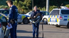A police officer carries the baby in a car seat after rescuing it from a car involved in the police chase. Photo / Mark Mitchell