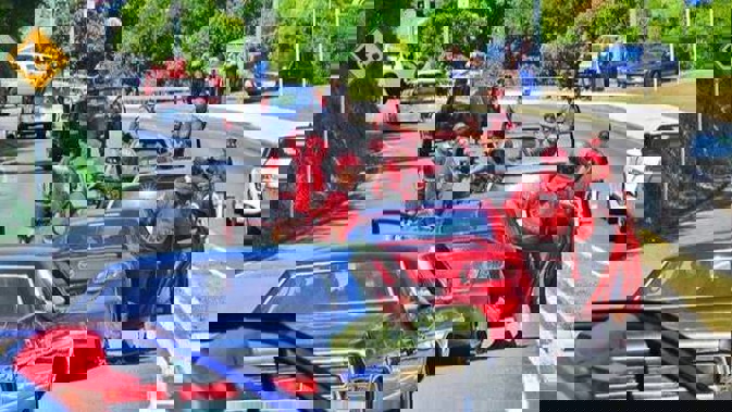 More than 100 vehicles carrying Mongrel Mob members were in a motorcade travelling from Kawerau to Whakatane. Photo / Whakatane Beacon