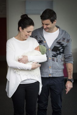 Prime Minister Jacinda Ardern and partner Clarke Gayford with their baby girl named Neve Te Aroha Ardern Gayford before leaving Auckland City Hospital. Photo/ Jason Oxenham