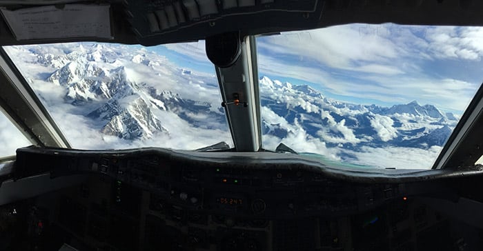 A panorama from the cockpit of the plane on an iPhone with Mt Everest in the far right. Photo/ Megan Singleton