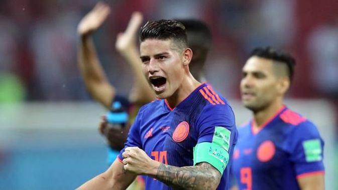Colombia's James Rodriguez celebrates winning the group H match between Poland and Colombia. Photo / AP