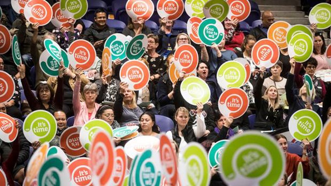 Members of the Teacher union NZEI meet to decide whether to accept the Ministry of Education's pay offers or reject them and take action at Manukau's Vodafone Arena in June. Photo / Jason Oxenham