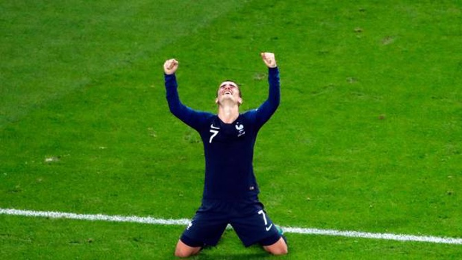 France's Antoine Griezmann celebrates at the end of the semifinal match between France and Belgium. Photo / AP