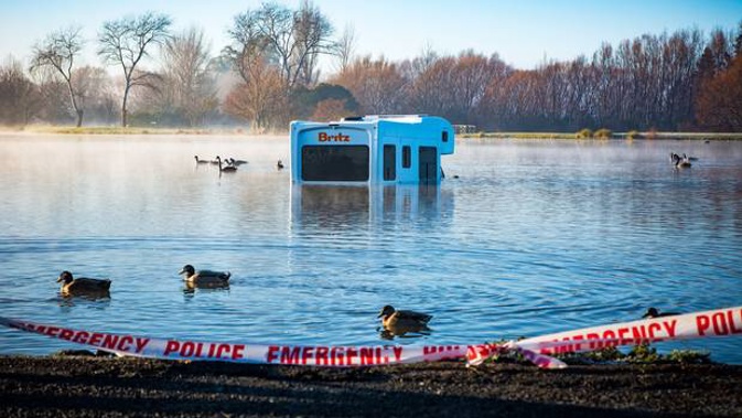 Police say the mother had got out to stretch her legs, leaving the campervan in gear, and it rolled into Masterton's Henley lake. Photo / Jade Cvetkov, Wairarapa Times-Age
