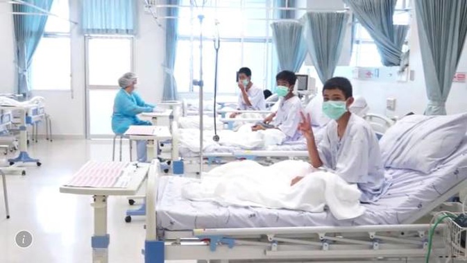 Image released by the Thailand Government Spokesman Bureau shows three of the 12 boysrecovering in their hospital beds after being rescued. Photo / AP