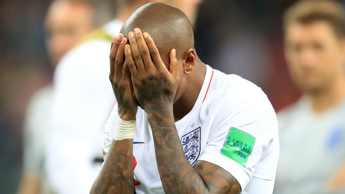 England's Ashley Young looks dejected after the FIFA World Cup, Semi Final match at the Luzhniki Stadium, Moscow. Photo by Adam Davy \ PA Images via Getty Images