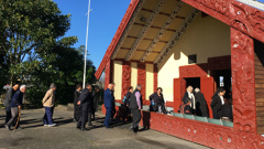 Police Minister Stuart Nash is welcomed on to Hoani Waititi Marae. (Photo / Newstalk ZB)