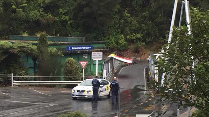Police at the McLaren Falls bridge near Tauranga where a body was found in the water. Photo \ Jared Savage