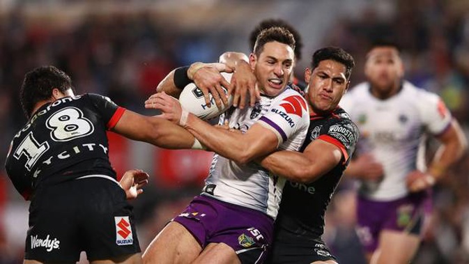 Billy Slater of the Storm charges forward against the Warriors (Image / Getty Images)