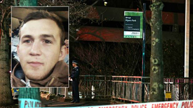 An officer on guard on Mayoral Drive overlooking Myers Park in Auckland's CBD, where police shot and killed David Cerven (inset). (Photo / Jason Oxenham)