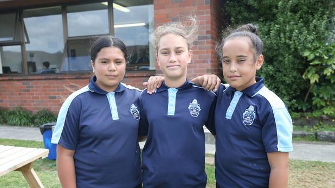 South Auckland Middle School students Kaia Tuiono, Liana Miller and Bree Richmond-Rex are still in limbo after Education Minister Chris Hipkins' decisions on nine other charter schools. (Photo / File)