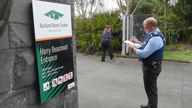 Detective Gareth Brown at the entrance to the Auckland Botanic Gardens, Manurewa, where the 7-year-old boy was crushed by a gate. Photo / File