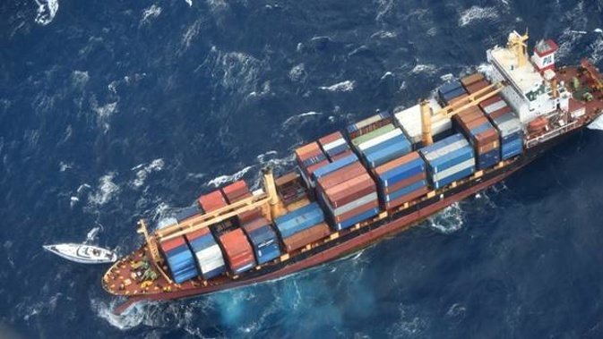 The Southern Lily container ship that came to rescue crew members of stricken yacht Platino. Photo / NZDF