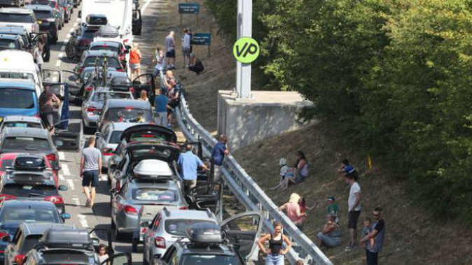Cars at a standstill as they queue for the Eurotunnel in England yesterday with delays of five and a half hours due to the heat. (Photo / AP)