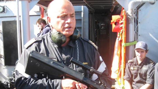 Naval weapons instructor Martin Plant showed off a Steyr rifle when Whangaroa College pupils visited the Navy dive ship Manawanui on a trip organised by Kaeo police in 2012. Photo / File
