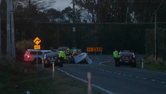 Police attend the scene of a fatal crash on Sandy Road, Meeanee, Napier. (Photo / Hawkes Bay Today)