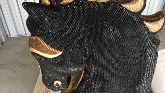 The diamante-encrusted horse head statue arrived by plane from Mexico. (Photo / Supplied)