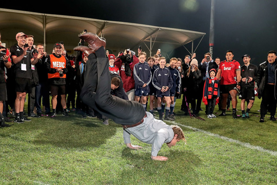 Scott Robertson celebrates his side's Super Rugby final win, with a bit of break dancing. (Photo / Getty)