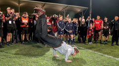 Scott Robertson celebrates his side's Super Rugby final win, with a bit of break dancing. (Photo / Getty)
