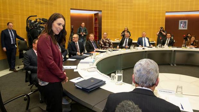 Prime Minister Jacinda Ardern addresses her deputy Winston Peters ahead of her first Cabinet meeting since her daughter Neve was born. Photo / Mark Mitchell