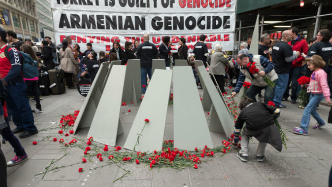 Makeshift memorial built for a rally in Manhattan Times Square to mark centennial of the deaths of 1.5 million Armenians under the Ottoman Empire in 1915. (Photo: Getty)