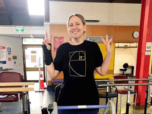 Rachel Jordan taking some of her first steps, three months after a near-fatal helicopter crash. (Photo / Supplied)