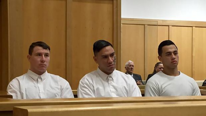 From left; Cody Griffin, Whakapumautanga 'Cookie' Clarke and Daniel Chase are defending charges of murder and aggravated robbery in the Hamilton High Court.