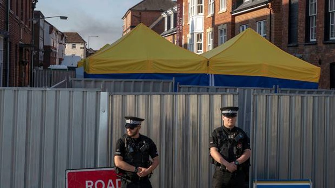 Police secure a point of interest in Salisbury, where counter-terrorism officers are investigating after people were exposed to the nerve agent Novichok. Photo / AP file