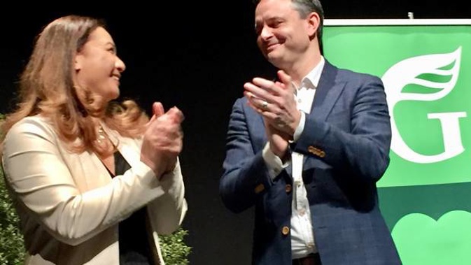 Green Party co-leaders Marama Davidson and James Shaw at the Greens AGM in Palmerston North. (Photo / Lucy Bennett)