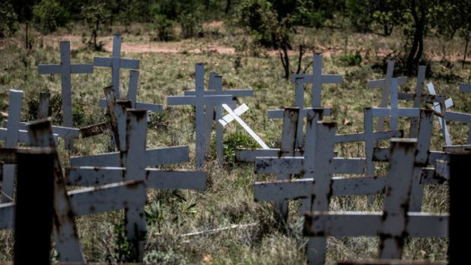 Crosses are planted on a hillside at the White Cross Monument, each one marking a white farmer who has been killed in a farm murder. Photo / Getty Images