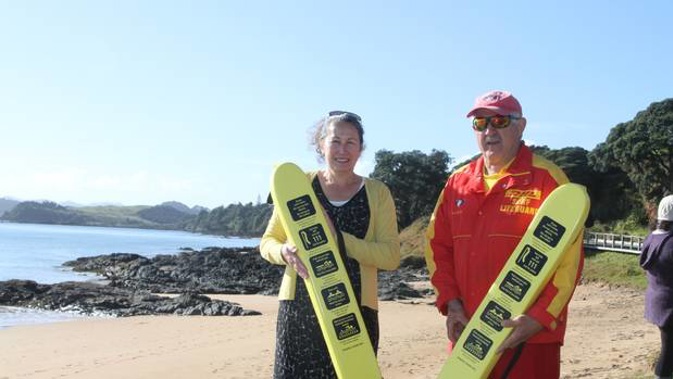 Pat Miller, the driving force behind Operation Flotation, and Far North Surf Rescue chairman Dave Ross at Saturday's launch at Doubtless Bay.