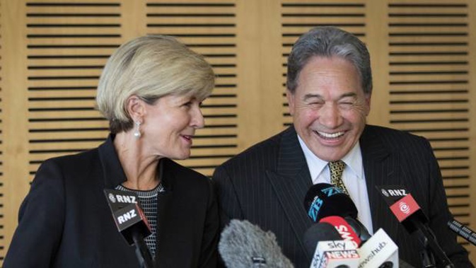 Winston Peters shares a joke with Julie Bishop during her last visit to New Zealand in February. Photo / Nick Reed