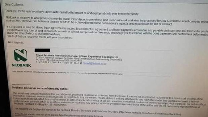 An email from South Africa's Nedbank regarding land expropriation. Photo / Supplied