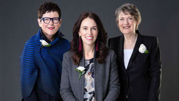 Former Prime Minister Jenny Shipley, left, current Prime Minister Jacinda Ardern, centre, and former Prime Minister Helen Clark, right. Photo / Babiche Martens