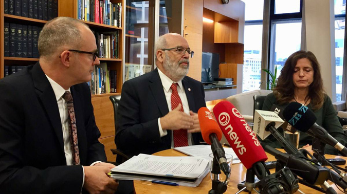Phil Twyford and Peter Gluckman at the announcement about meth testing results back in May. (Photo / NZ Herald)