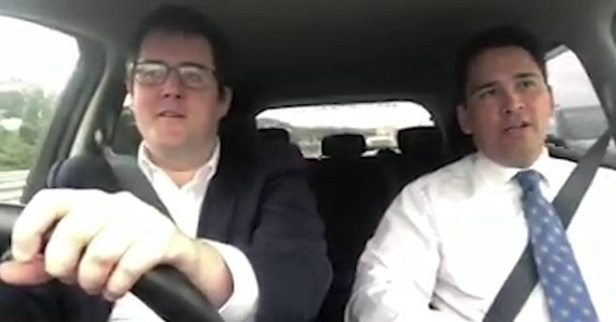 National Party leader Simon Bridges films a 'Carpool Karaoke' with Chris Bishop. (Video: Facebook / Simon Bridges)
