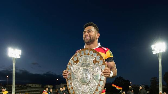 Sevu Reece of Waikato holds the Ranfurly Shield after the win in the round four Mitre 10 Cup Ranfurly Shield match between Taranaki and Waikato. (Photo / Getty)