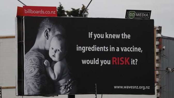 The billboard sporting an anti-vaccination message is located by the Auckland Southern Motorway near the Princes St off-ramp near Middlemore Hospital. (Photo / Brett Phibbs)