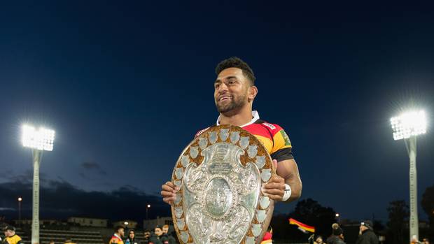 Sevu Reece of Waikato holds the Ranfurly Shield after the win in the round four Mitre 10 Cup Ranfurly Shield match between Taranaki and Waikato. Photo / Getty Images