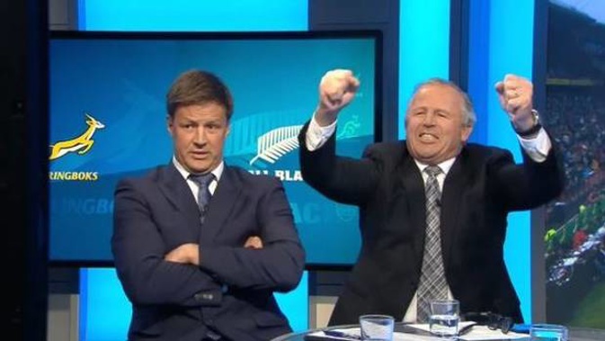 Even while commentating for Sky Sports in the UK, former All Black captain Sean Fitzpatrick couldn't hold back as the All Blacks clinched a last-minute victory over South Africa. Photo / Sky Sport
