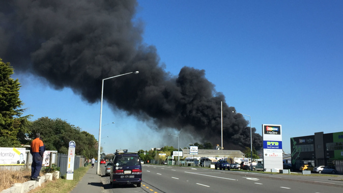 The blaze damaged the roofs of four storage buildings at the Ravensdown site in Hornby.
