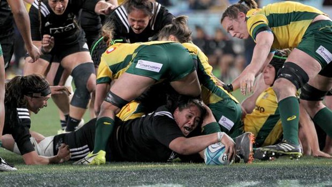 Aldora Itunu of the Black Ferns dives over to score a try against the Wallaroos in Sydney earlier this year. Photo / Photosport