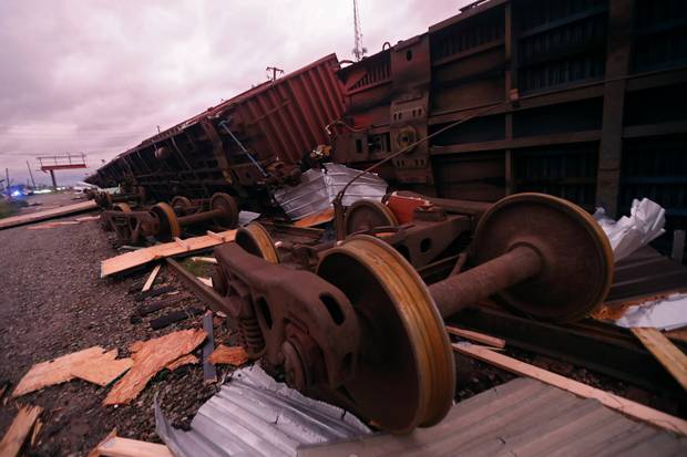 Derailed box cars are seen in the aftermath of Hurricane Michael in Panama City, Florida. Photo / AP