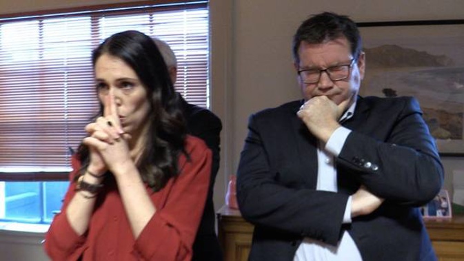 Clarke Gayford showing Labour leader Jacinda Ardern and her deputy Grant Robertson awaiting a statement from NZ First leader Winston Peters. Photo / via Twitter