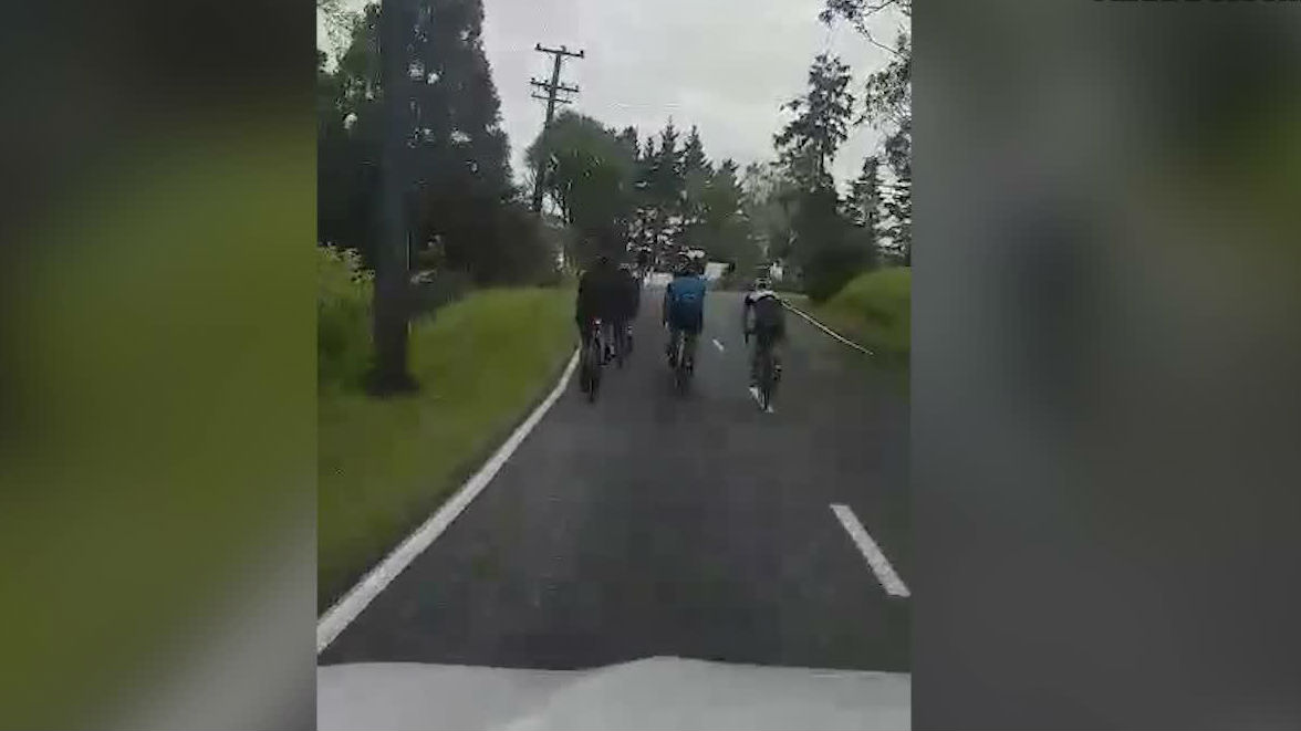 Dangerous cyclists caught crossing centre line, taking up whole rural roads. Video supplied / Nikki Bessem