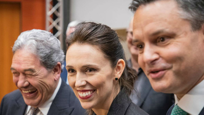 Prime Minister Jacinda Ardern and NZ First leader Winston Peters with Green Party co-leader James Shaw.