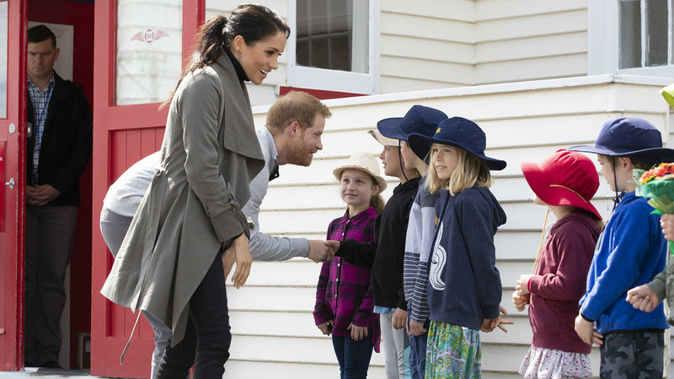 Prince Harry and Meghan Markle met with school children today ahead of visiting Abel Tasman. (Photo / NZ Herald)