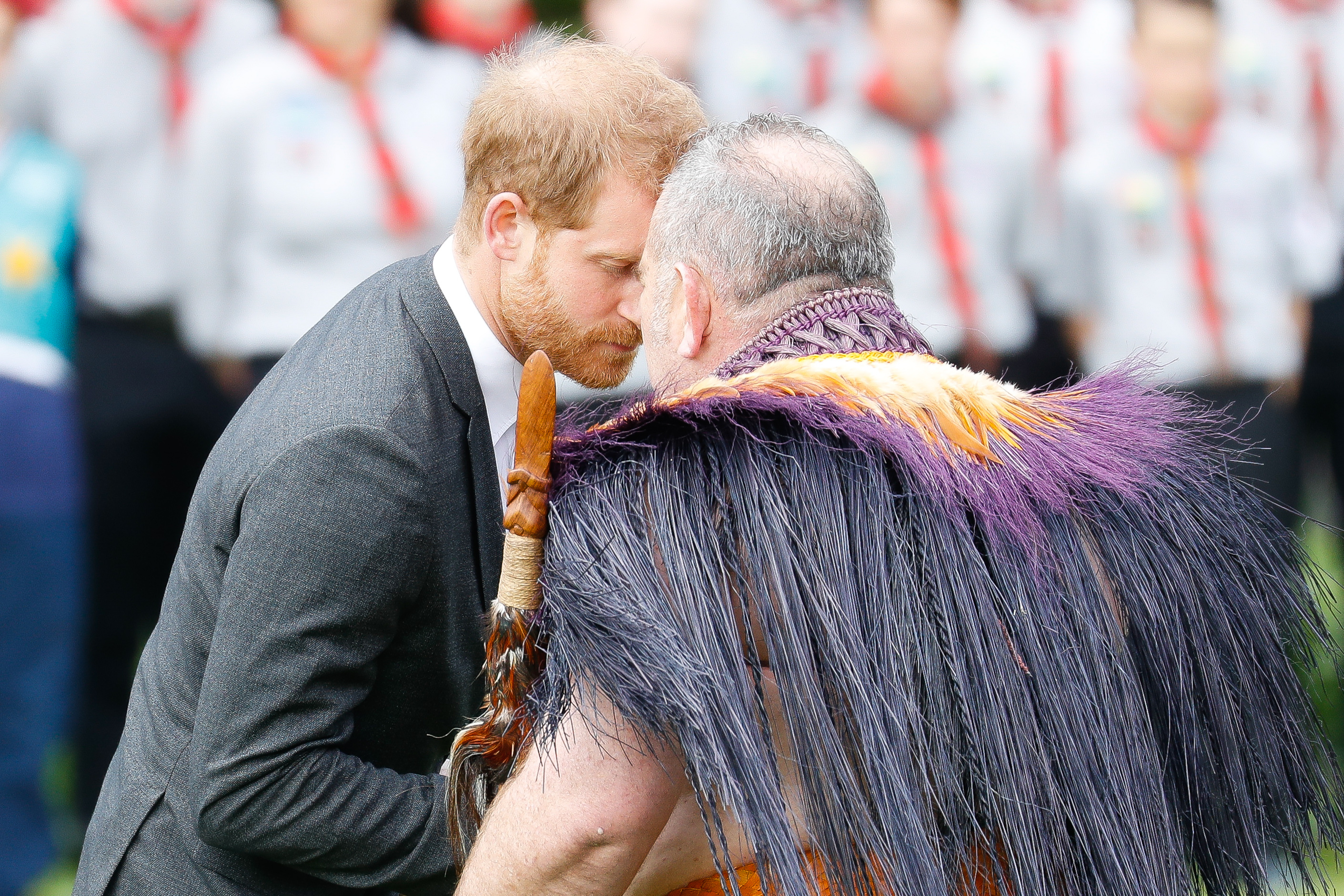 Prince Harry, Duke of Sussex performing the traditional greeting of the 'Hongi' at the Government House on October 28, 2018 in Wellington, New Zealand. Photo / Getty Images