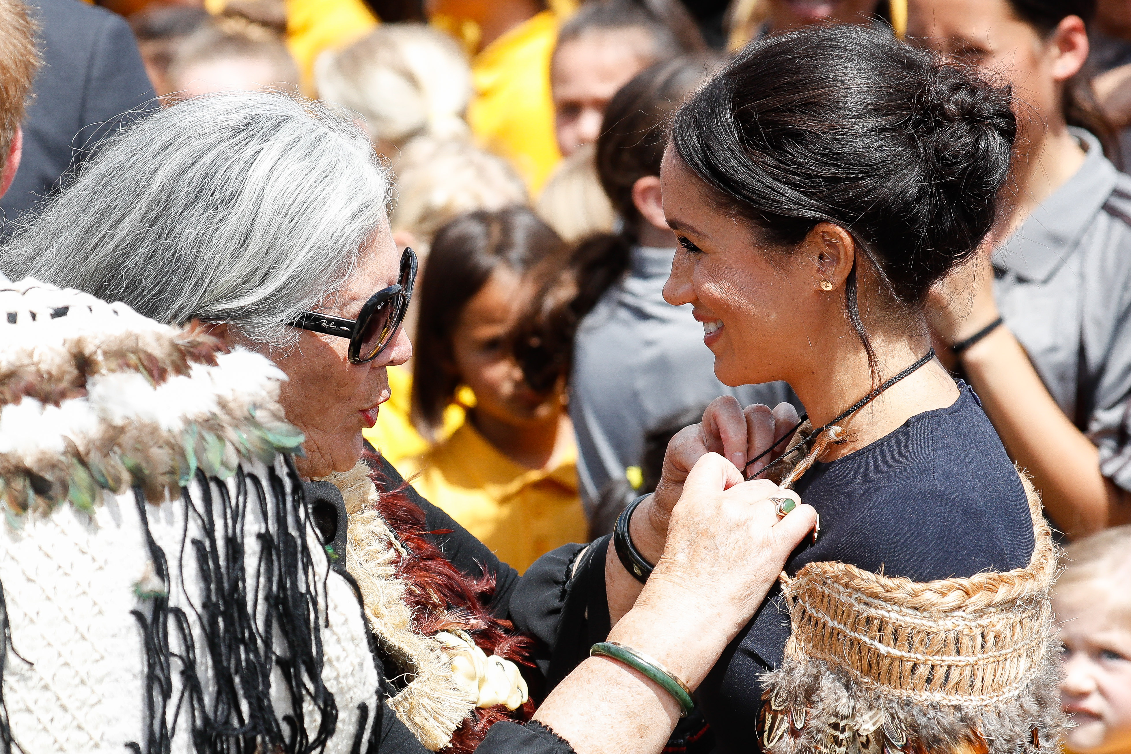 Meghan, Duchess of Sussex being given a tradional Maori necklace made of Jade or Greenstone from elderly woman at Te Papaiouru Marae on October 31, 2018 in Rotorua, New Zealand. Photo / Getty Images