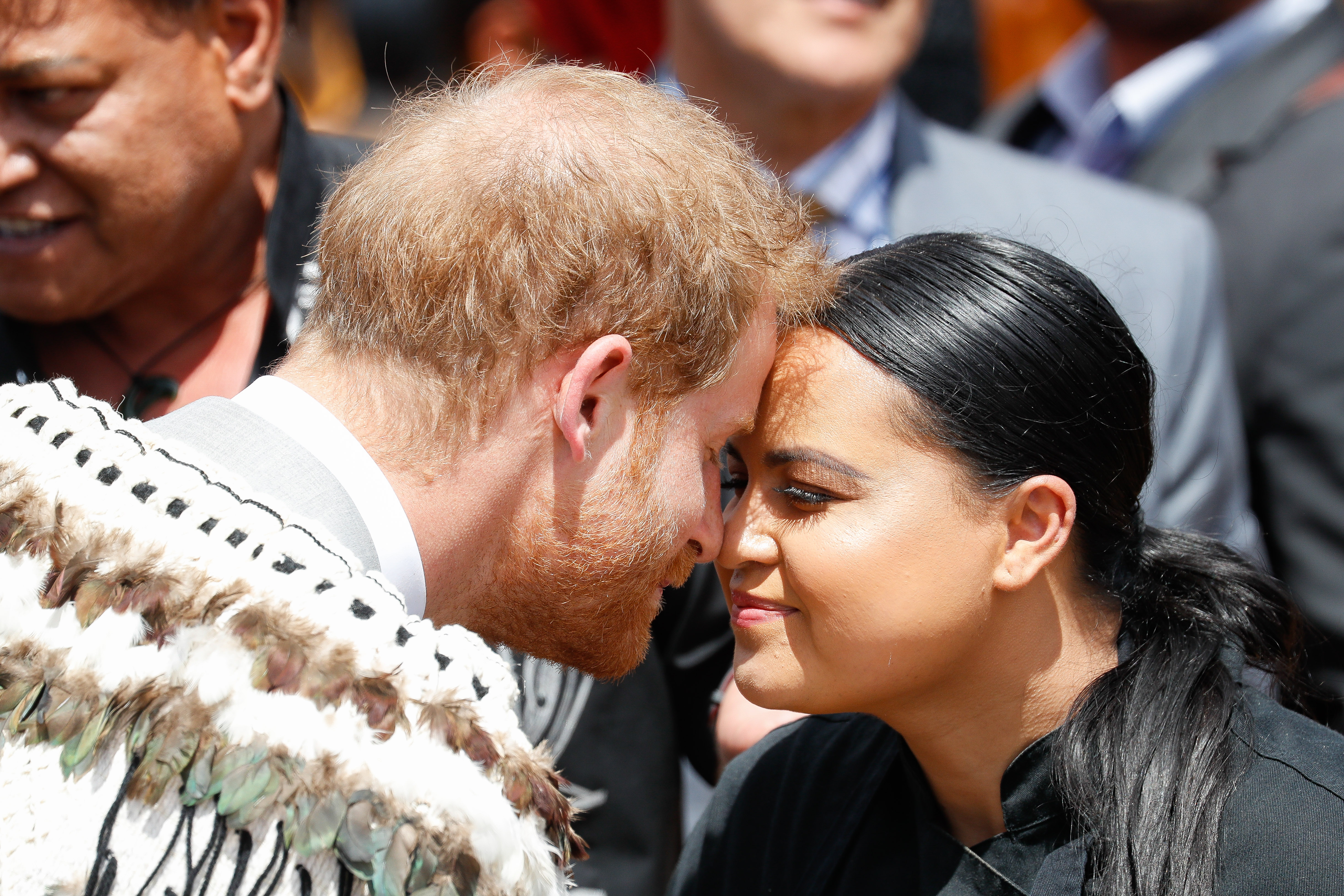 Prince Harry, Duke of Sussex greeting locals in a traditional 'hongi' at the formal pØwhiri and luncheon held at Te Papaiouru Marae on October 31, 2018 in Rotorua, New Zealand. Photo / Getty Images